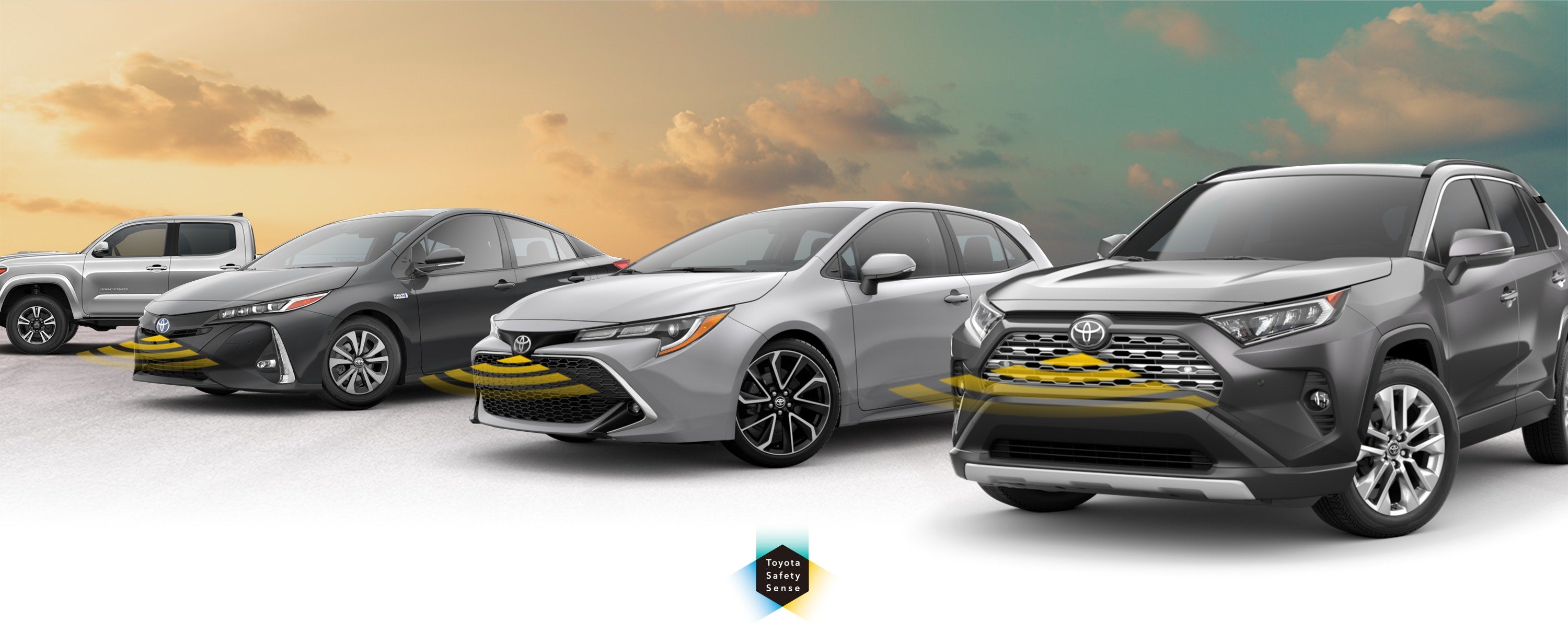 Toyota Safety Sense: Designed for Safety. Options shown on Toyota models including RAV4, Tacoma, and Camry, available now at Gresham Toyota in Gresham OR.