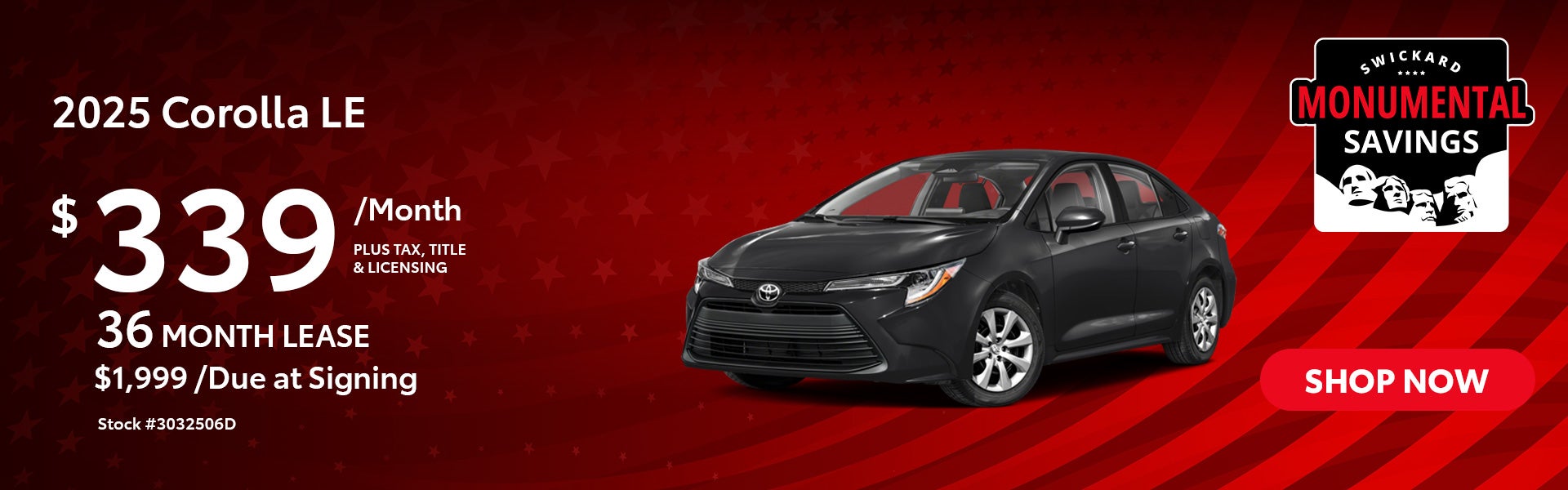 2025 Corolla LE Lease for $339 per month for 36 months.