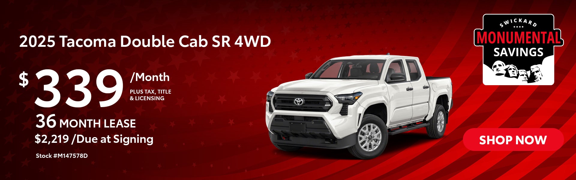 2025 Tacoma Double Cab SR 4WD Lease for $339 per month for 3