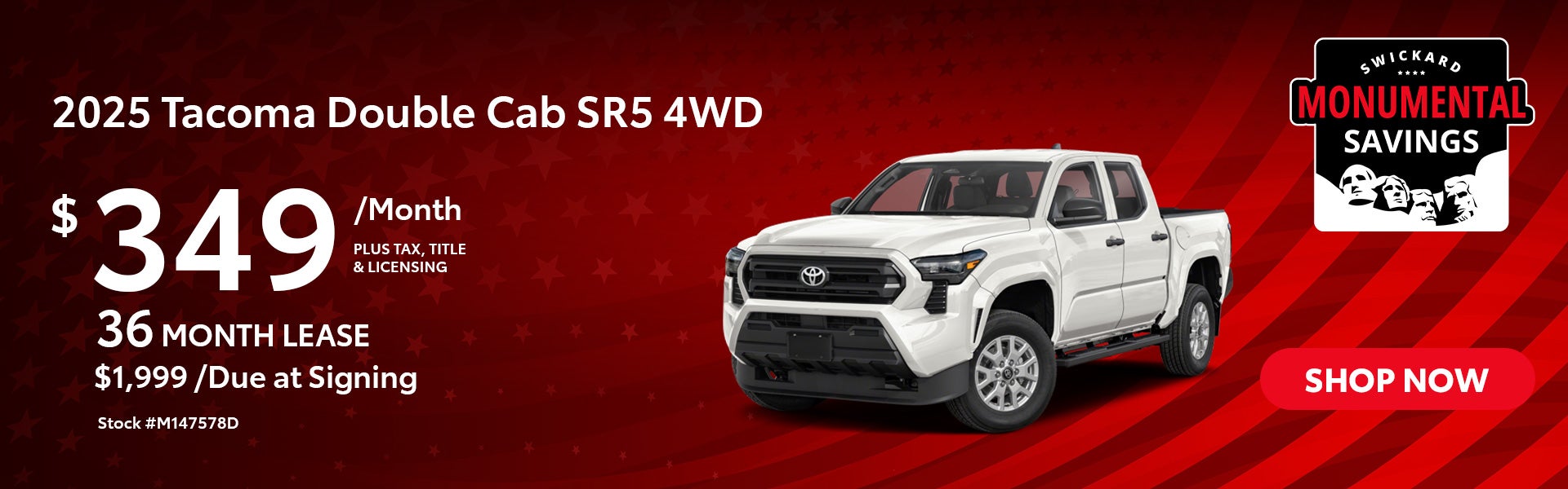 2025 Tacoma SR5 Double Cab 4WD Lease for $349 per month for 