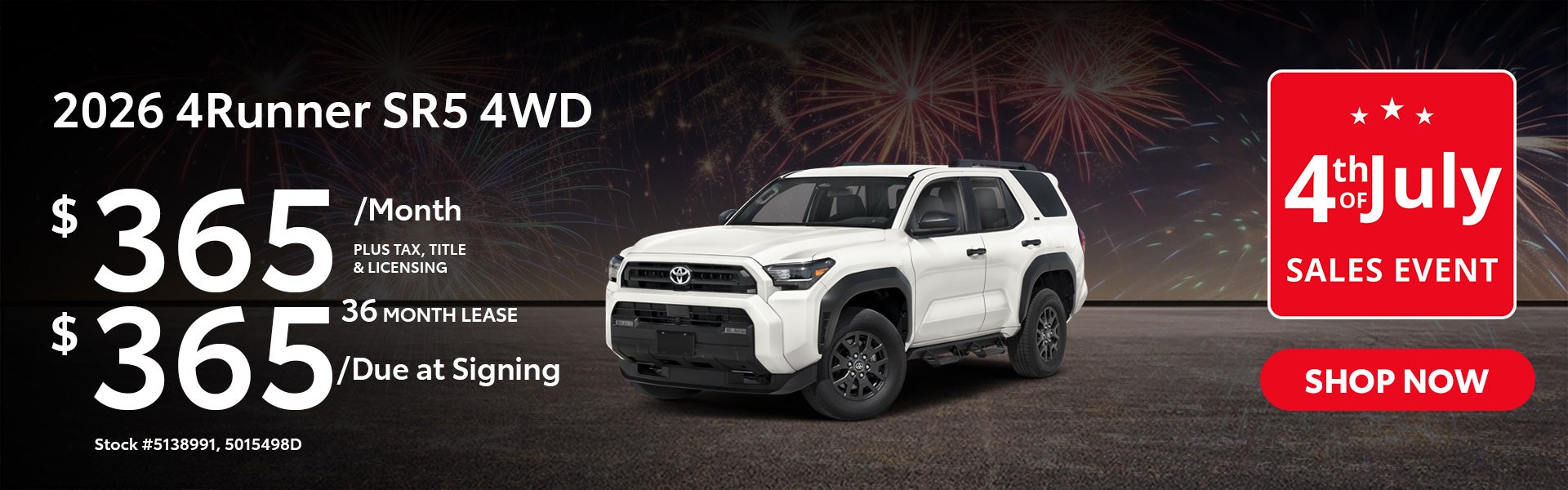 2026 Toyota 4Runner SR5 Lease from $365/mo, $365 due at sign