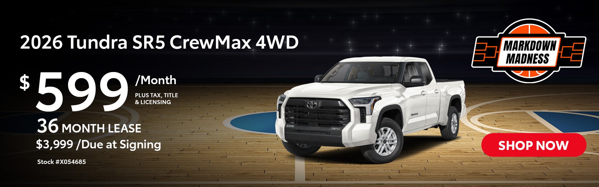 2026 Tundra SR5 CrewMAx 4WD Lease for $599 per month for 36 