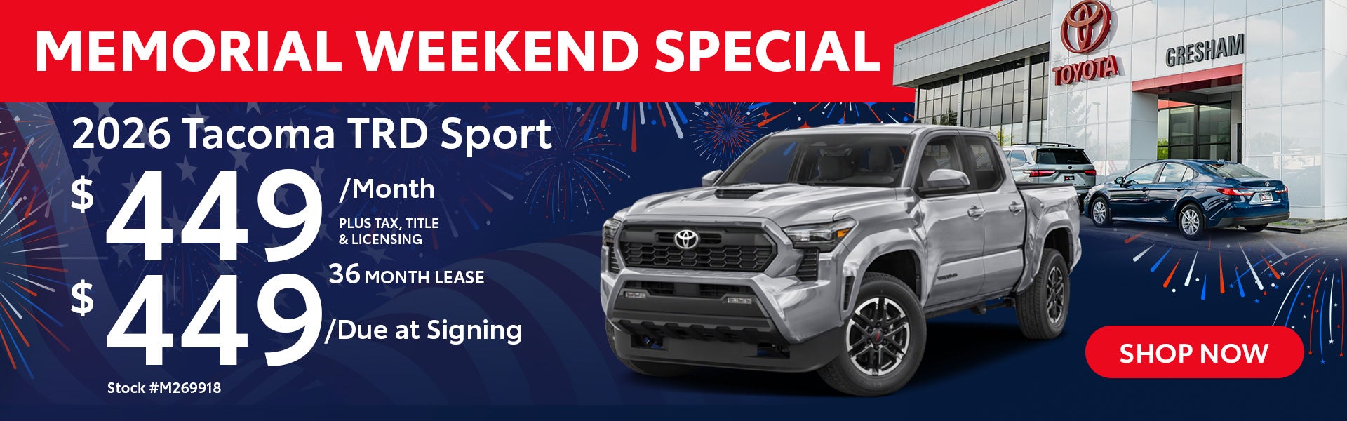 2026 Tacoma SR5 Lease from $369/mo, $369 due at signing